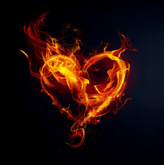Fototapeta premium Abstract heart made of fire on black background. The flame creates an abstract shape that symbolizes passion and love.