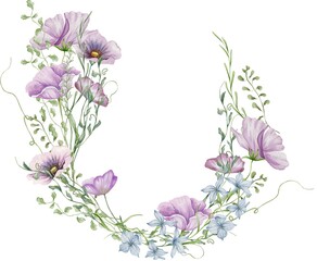 Watercolor wildflowers wreath. Botanical arrangement of wild flowers and herbs. Summer floral composition