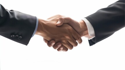 Two businessmen handshaking on a white background. Deal with a project.	