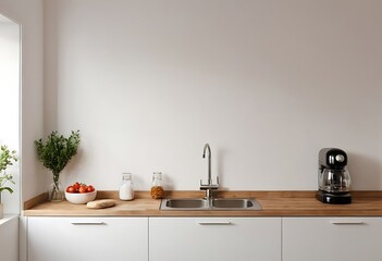 White marble kitchen tabletop with empty space for your product display over beautiful dark sage green kitchen room background. Silver sink details. Minimal elegant trendy kitchen. 3d rendering