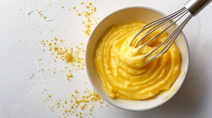 Lemon curd being whisked in a bowl with zest sprinkled around