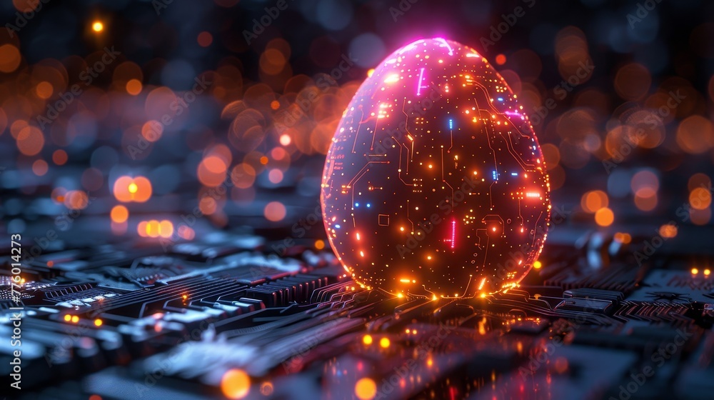 Poster An abstract 3D egg with circuit board texture on a greeting card in a tech futuristic style. Glowing digital modern illustration.