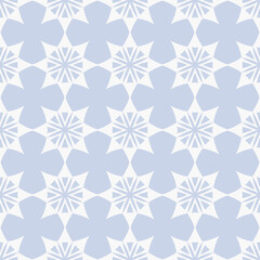 Subtle vector abstract geometric seamless pattern. Simple ethnic texture with ornamental grid, big flower shapes, stars, repeat tiles. Ethnic folk motif. Light blue and white background. Geo design