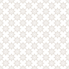 Subtle vector abstract geometric seamless pattern. Simple elegant ethnic texture with ornamental grid, flower shapes, stars. Tribal ethnic motif. Folk style background. Beige and white repeated design - 776014253