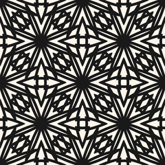 Abstract geometric mosaic ornament. Vector black and white seamless pattern with grid, lattice, net, ornamental shapes, floral silhouettes. Simple monochrome background texture. Repeatable geo design