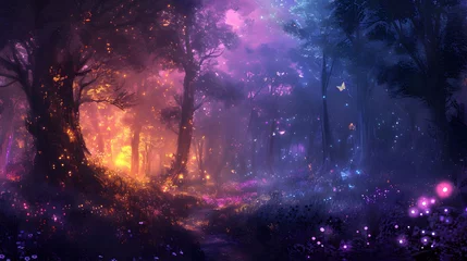 Selbstklebende Fototapeten A mystical purple forest emerges from the realm of dreams, with towering trees bathed in a surreal violet hue, casting an enchanting spell over the ethereal landscape. © peyton