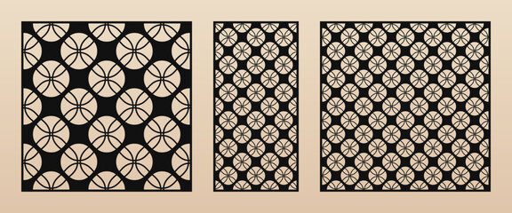 Decorative stencil set for laser cut. Vector panels with abstract geometric pattern, curved lines, circles. Modern minimal ornaments. Template for cnc cutting of wood, metal. Aspect ratio 1:2, 1:1 - 776014403