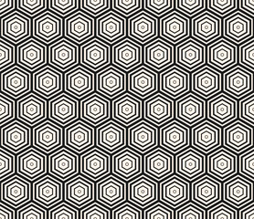 Vector monochrome seamless pattern with small hexagons, halftone lines, gradient transition effect. Black and white abstract geometric background with hexagonal grid, lattice texture. Repeated design - 776014415