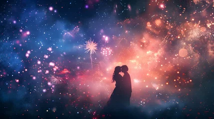 Tuinposter a couple cuddling on beautiful space sky background © peyton