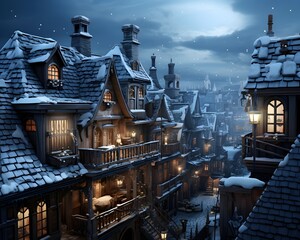 Winter city panorama with houses and roofs covered with snow at night