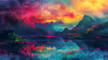 Raamstickers Reflectie This painting depicts a vibrant sunset casting warm hues over a tranquil lake. The sky is ablaze with oranges, pinks, and purples, reflecting on the calm waters below.