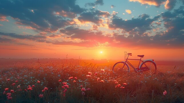 Sunset landscape image with bicycle