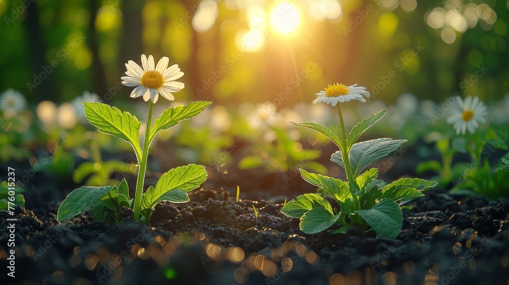 Poster an ecology and nature concept with a close-up of the flowering green forest on a spring sunset backd