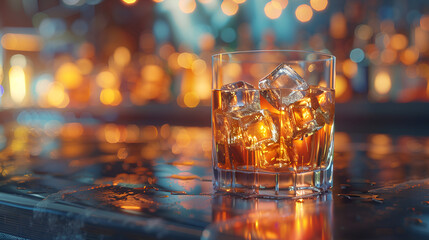Classic alcohol whiskey drink with ice cubes, generative Ai