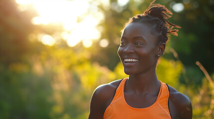 African runner breathes deeply with a grin of accomplishment, 