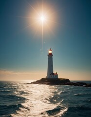 A lighthouse stands resolute under the brilliant sun, its light mirroring the sun's rays against the backdrop of a dynamic ocean.
