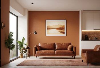 Frame mockup, ISO A paper size. Living room poster mockup. Interior mockup with house white background. Modern interior design. 3D render