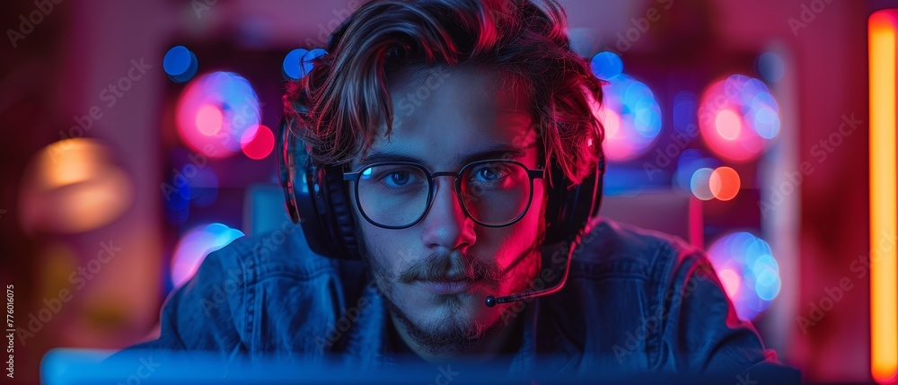 Aufkleber An individual is working on a laptop in the dark with neon lights. This may be a computer hacker or video game player or programmer with glasses and a headset at the laptop. This is computer