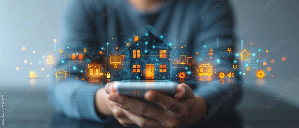 Wall mural Concept of smart home controlled by mobile phone. Home appliances icons viewed on smartphone, connected to smart home system. IOT system of smart home controlled by phone.