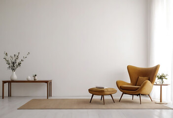 The interior has a armchair on empty white wall background. - obrazy, fototapety, plakaty
