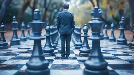 A businessman making a decisive move on a chessboard, symbolizing strategic decision-making in business - obrazy, fototapety, plakaty