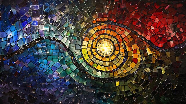 shattered stained glass painting of many spiralled tiny galaxies, helix nebula. Generated AI. 
