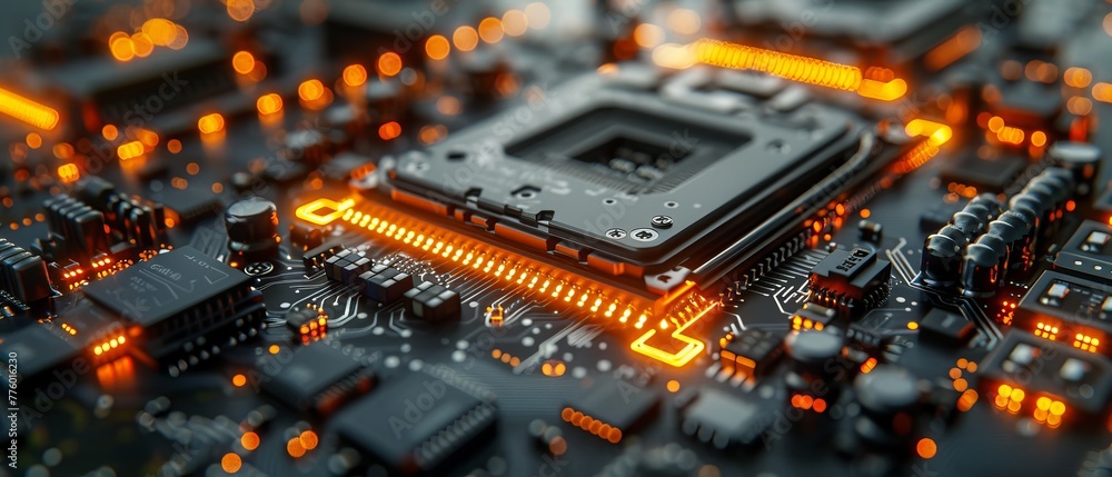 Poster production of boards with chips, cpus, and electronic components with industrial robotic arms on ass