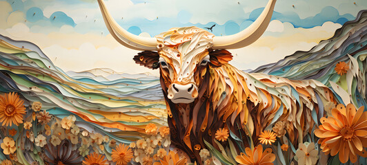 paper quilling Bull in the pasture, ai generative