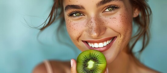 Woman holding kiwi in front of face - obrazy, fototapety, plakaty