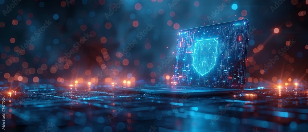 Poster illustration of abstract laptop with futuristic blue guard shield. concept of protection, cyber secu