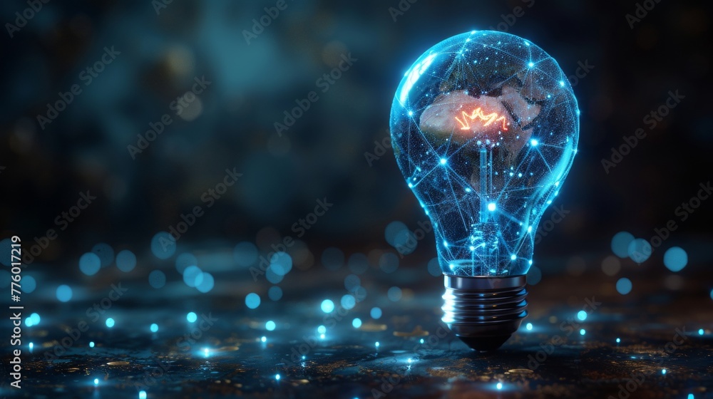 Poster planet earth inside an abstract blue light bulb. ecological concept for earth hour. low poly style d