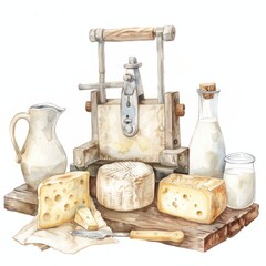 A detailed watercolor clipart of a vintage cheese press with artisanal cheese blocks and milk jugs nearby isolated on white