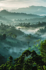 Hills with mist during sunrise, view from a mountain