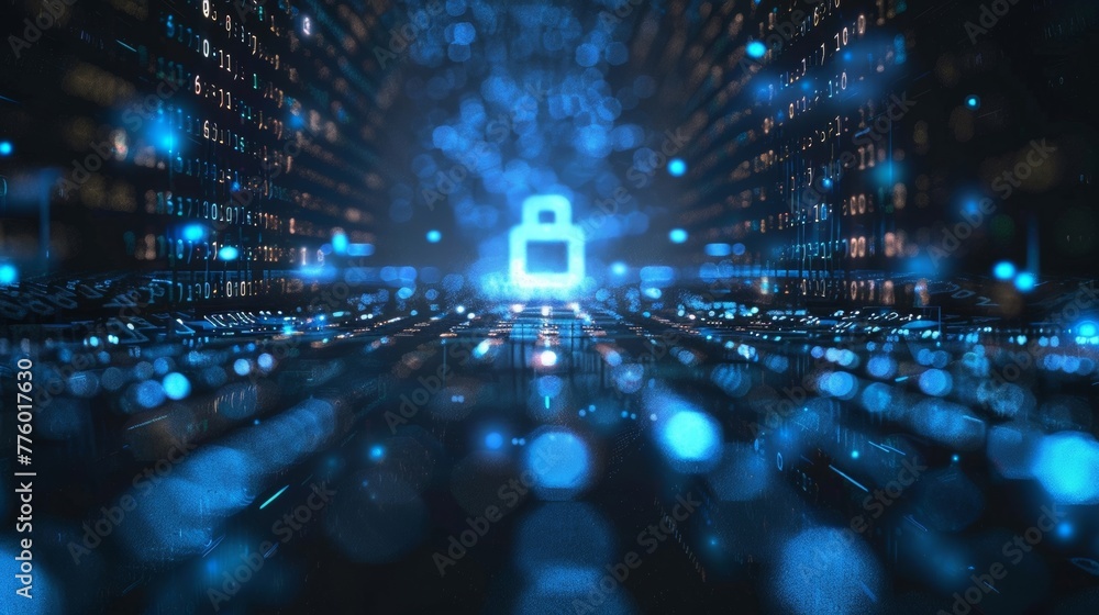 Poster a series of binary digits entering into an electronic security mechanism illustrating data protectio