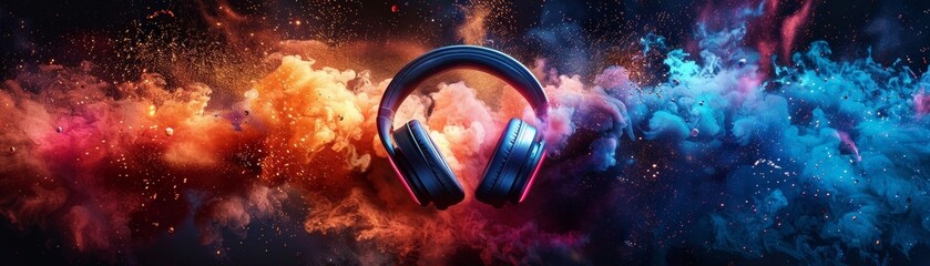 Get ready to party with explosive sound effects from colorful stereo headphones, complete with vibrant lights and pulsating bass beats. - obrazy, fototapety, plakaty