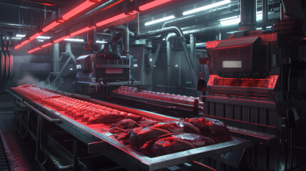 Meat factory. Mass automated conveyor meat production