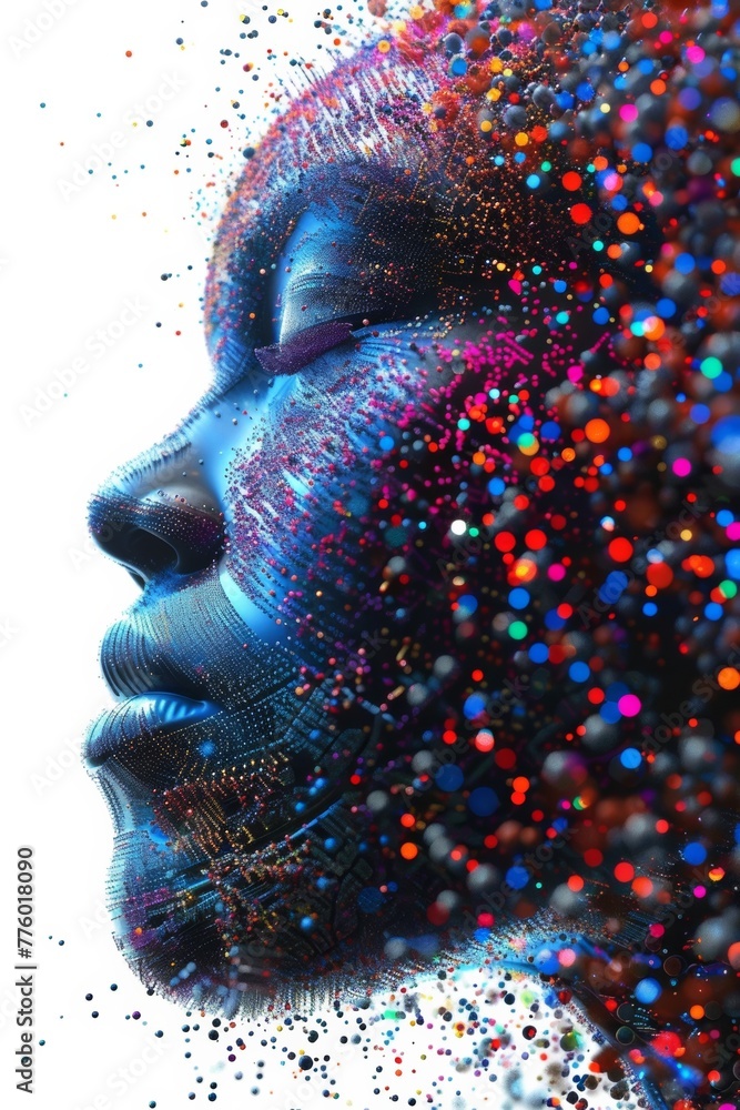 Poster digital artwork depicting a computer-generated interpretation of a human-like face, glitched and pix