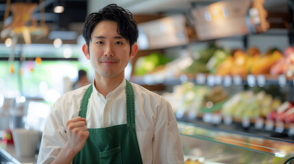 白いシャツに緑のエプロンをつけてガッツポーズをして微笑んでいるスーパーの店員