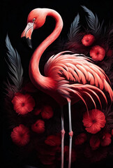 Pink flamingo. Dark background with feathers. AI