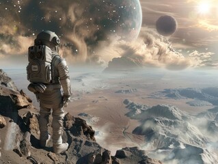 Curious Astronaut Gazing at Alien Landscape with Massive Planet, Surreal Clouds & Celestial Bodies - Sci-Fi Stock Photo