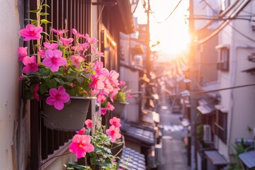 Fototapeta na wymiar Vibrant pink flowers adorn a balcony contrasting with the urban alley in a tranquil sunset scenery