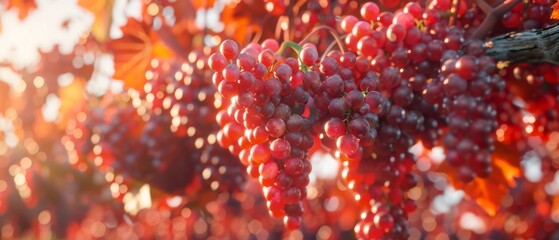 At sunset, vines with ripe grapes are seen in the countryside - obrazy, fototapety, plakaty