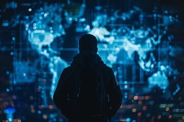 cybersecurity expert actively responding to a cyber threat, with their shadow blending into the digital landscape of maps and network connections, symbolizing the widespread impact of online crime. - obrazy, fototapety, plakaty
