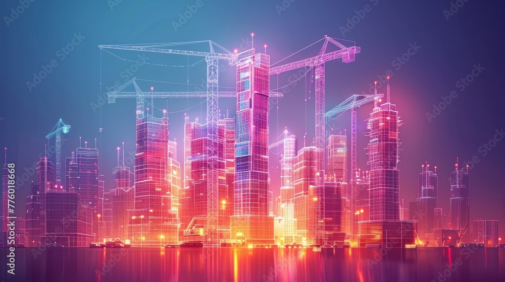 Aufkleber 3d working tower cranes in the city at a construction site isolated on a white background. abstract 