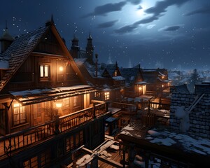 Christmas and New Year background with wooden houses in the village at night