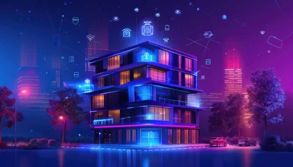 Crédence de cuisine en verre imprimé Violet A cityscape with buildings lit up in neon colors by AI generated image