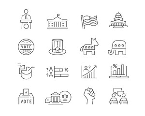US politics and elections Icon collection containing 16 editable stroke icons. Perfect for logos, stats and infographics. Edit the thickness of the line in any vector capable app.