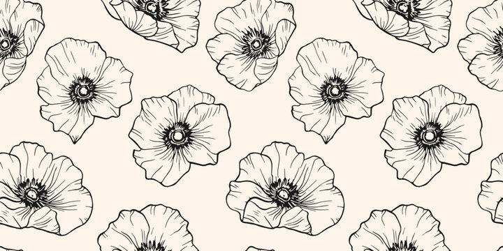 Elegant vector botanical seamless pattern. Stylish minimal black and white floral background. Ornament with simple outline flower silhouettes, poppies. Repeated design for decoration, textile, print