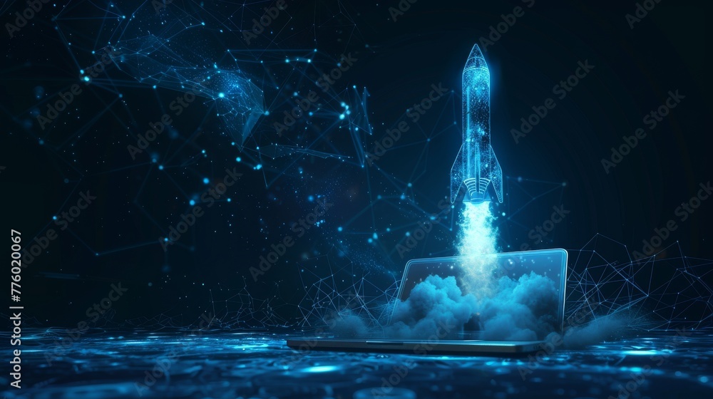 Poster in a low poly style design, an abstract rocket is launched from a laptop. blue geometric wallpaper. 