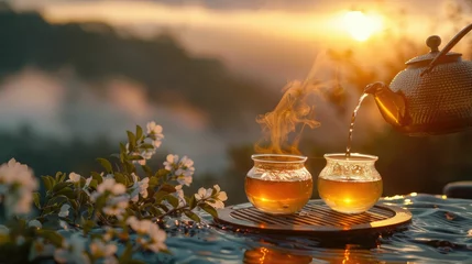Fotobehang Calming herbal tea ceremony at sunset, with the golden hour light accentuating the relief it brings to GERD sufferers © komgritch